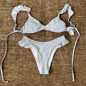 H&M White and Light Blue Striped Ruffle Bikini Set